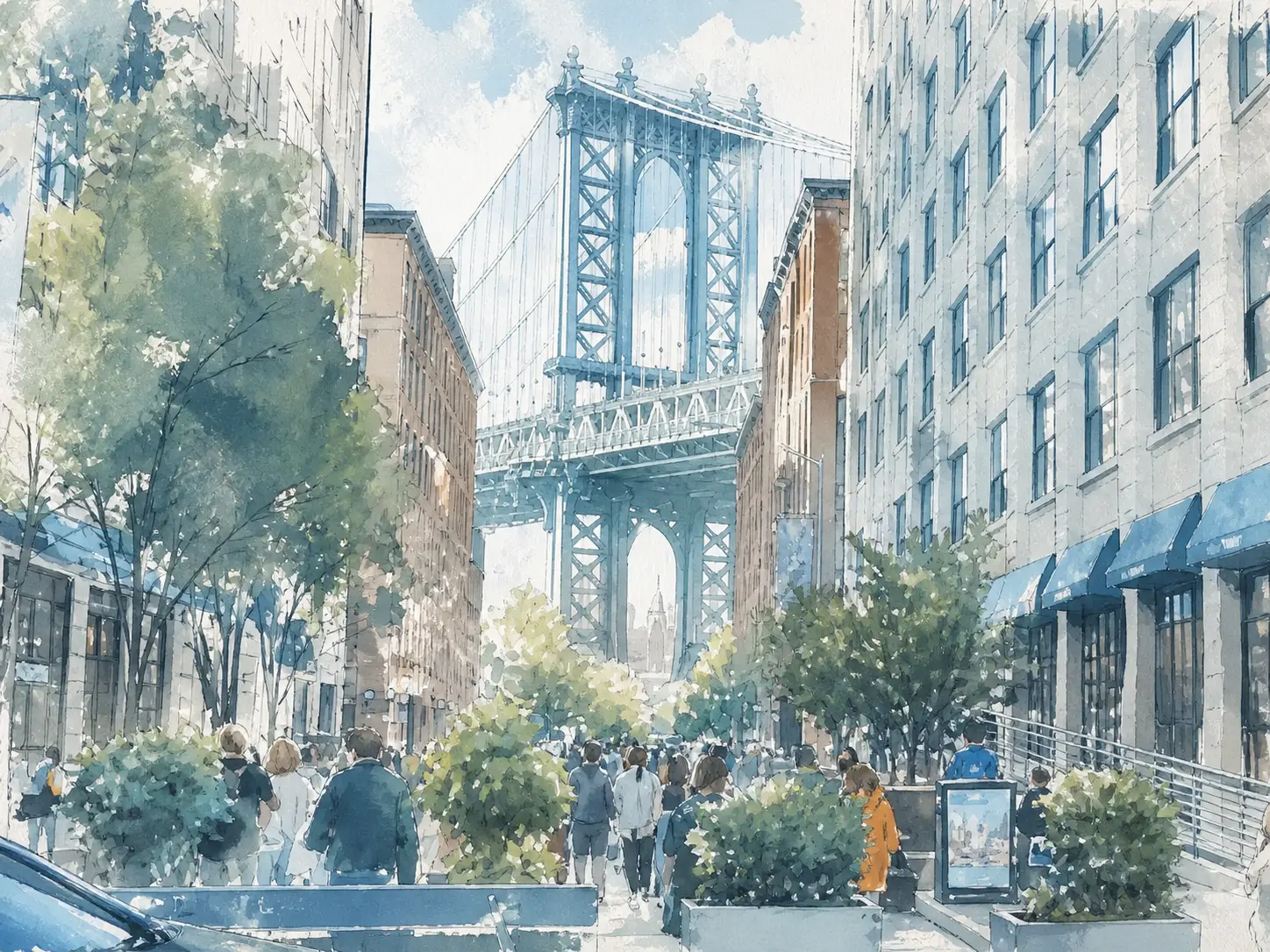 Silver-blue illustrated scene for A Coffee In Brooklyn