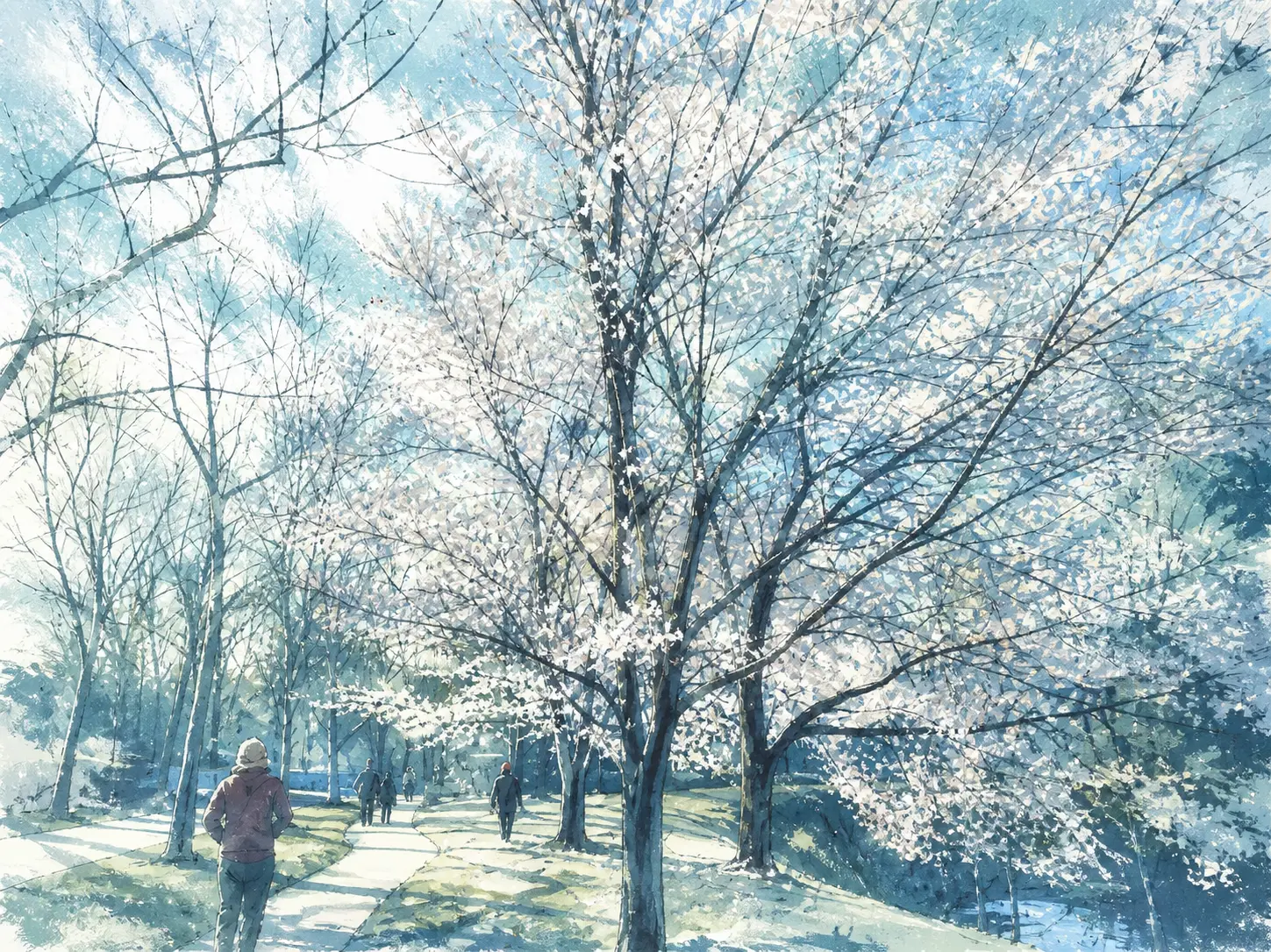 Silver-blue illustrated scene for Cherry Blossoms In Spring