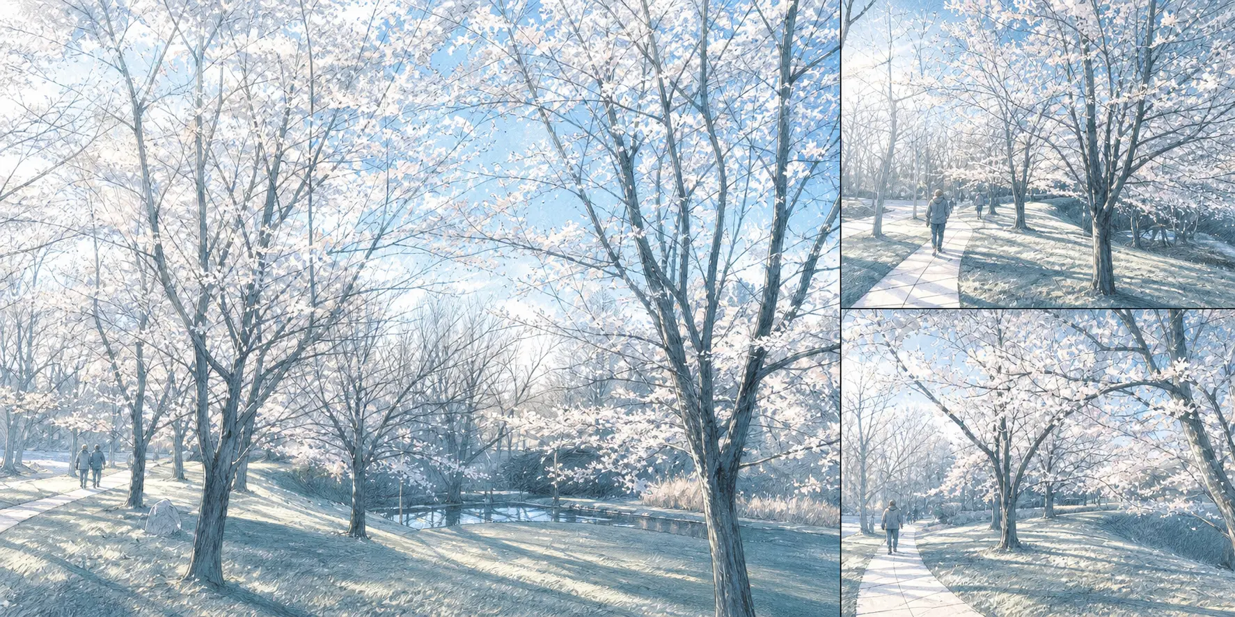 A sequence of illustrated moments from Cherry Blossoms In Spring