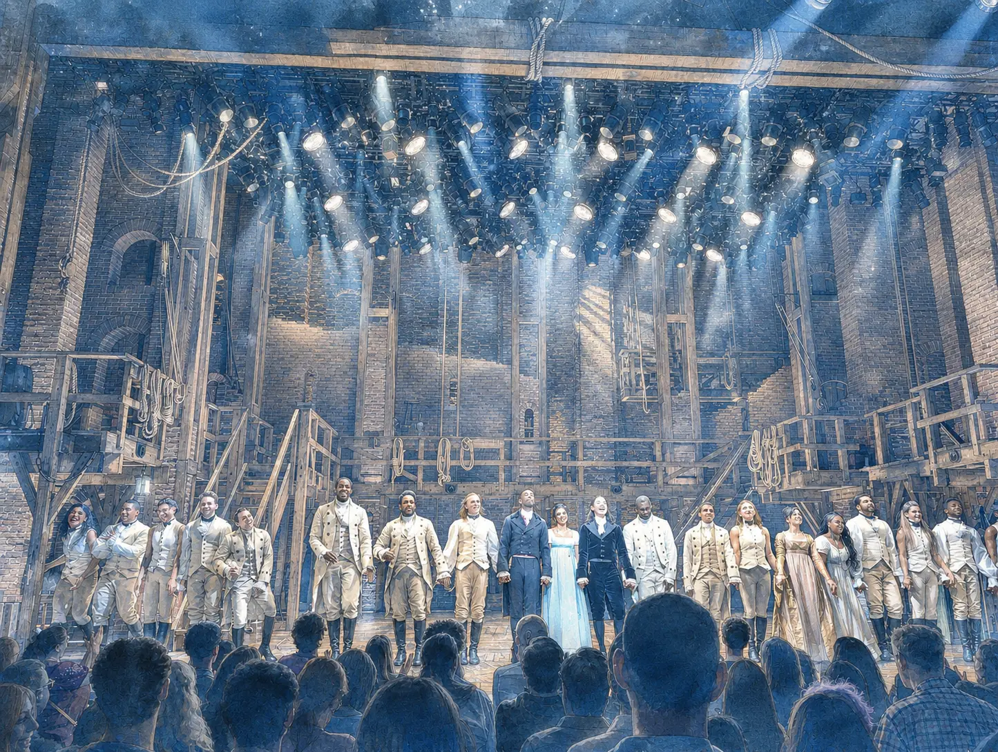 The Hamilton company taking a curtain call under silver-blue stage light