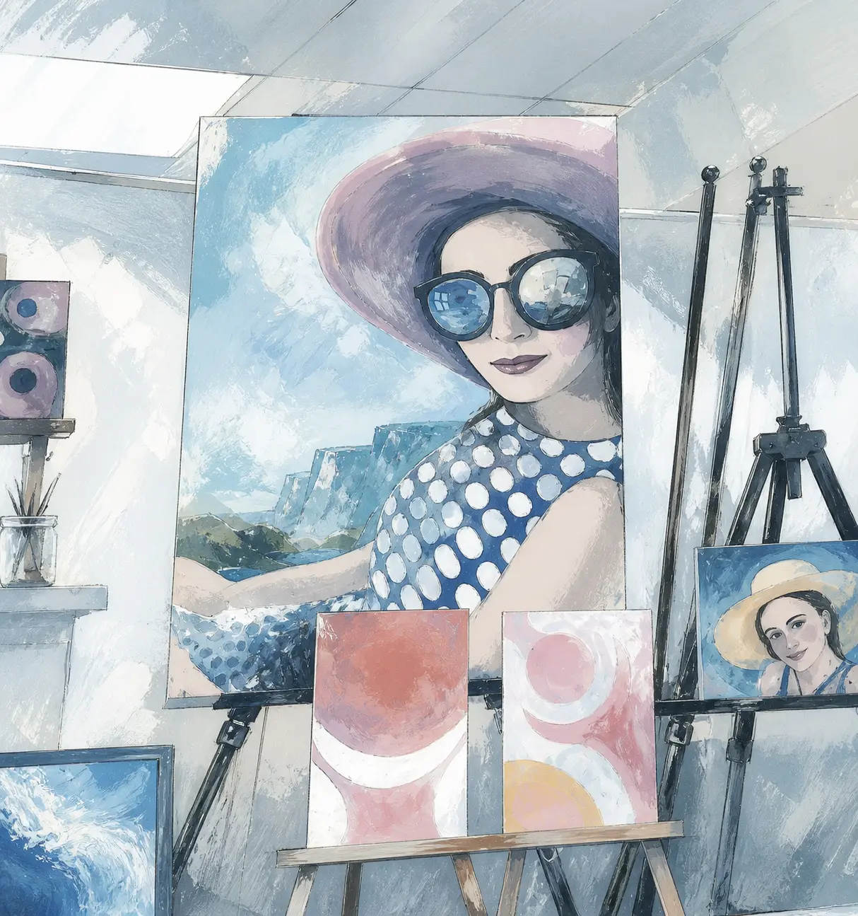 Silver-blue illustrated scene for A Corner Of The Studio