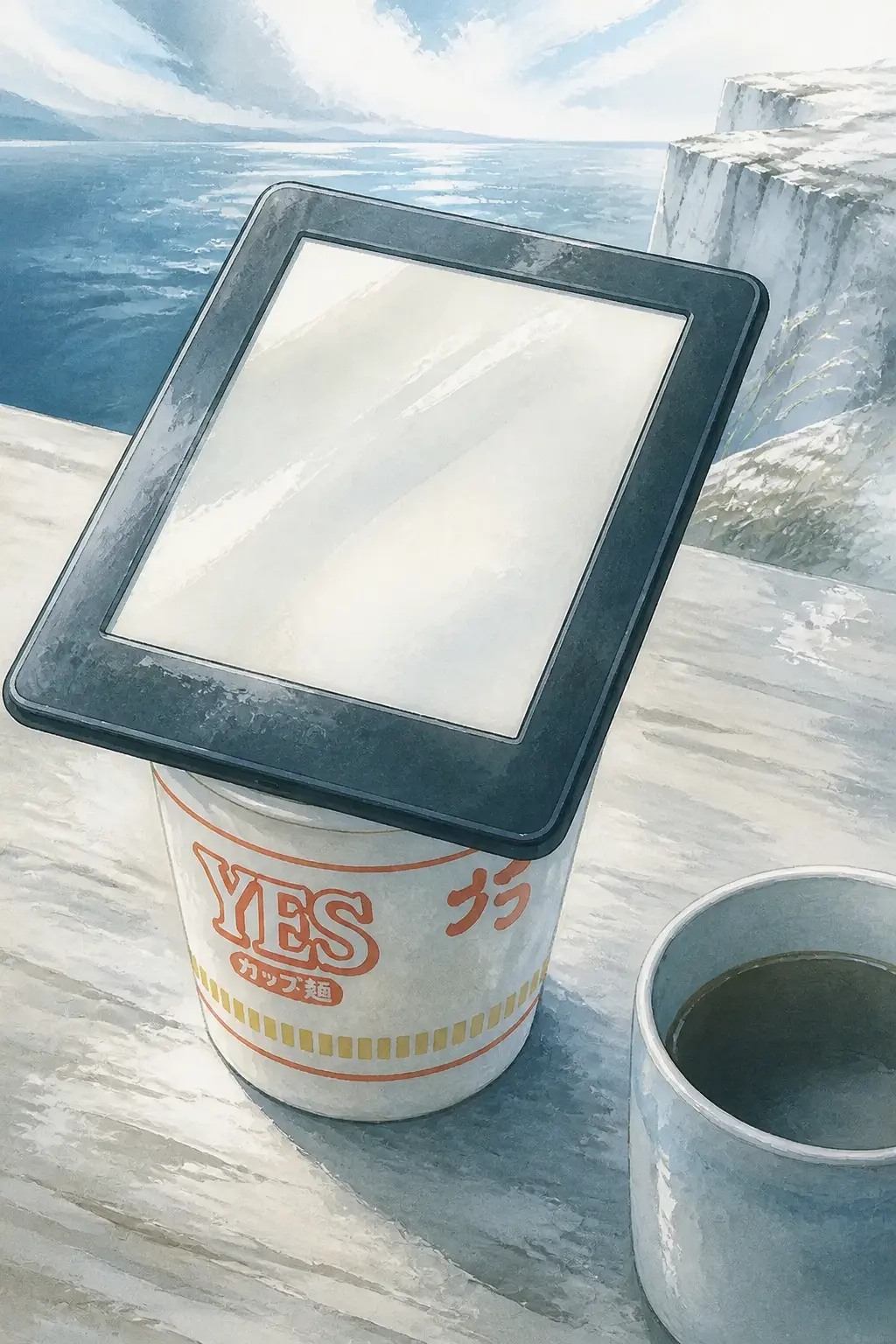 Silver-blue illustrated scene for Noodles, Coffee, And Flow