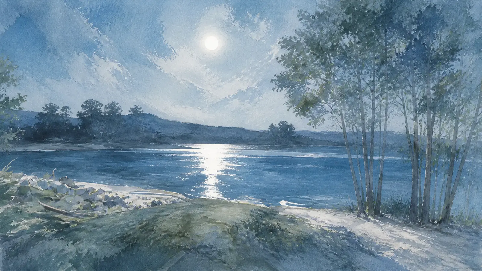 Silver-blue illustrated scene for Listening To The Sea By Moonlight