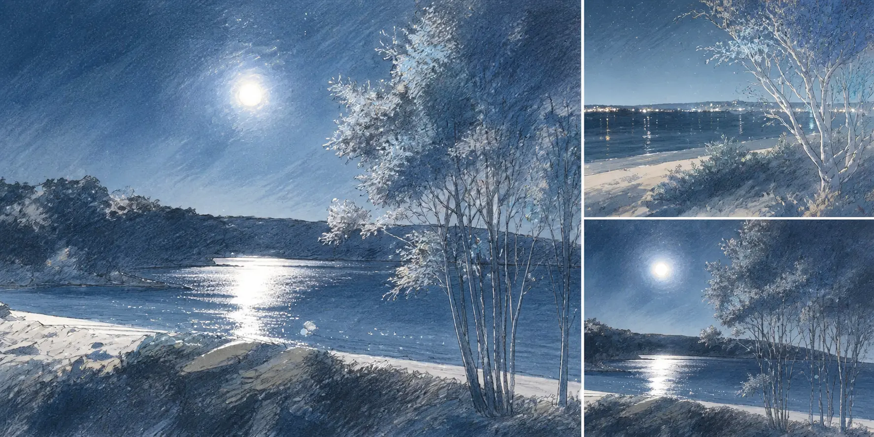 A sequence of illustrated moments from Listening To The Sea By Moonlight