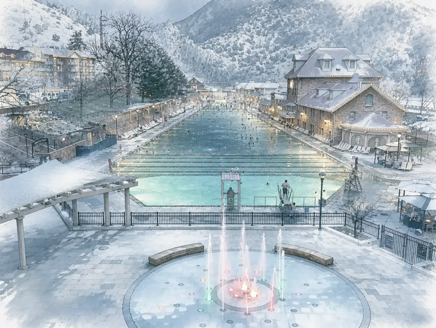 Silver-blue illustrated scene for Mountains, Snow, And Hot Springs