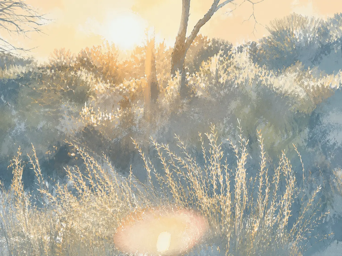 Silver-blue illustrated scene for The Scent Of Sunset At Kata Tjuta