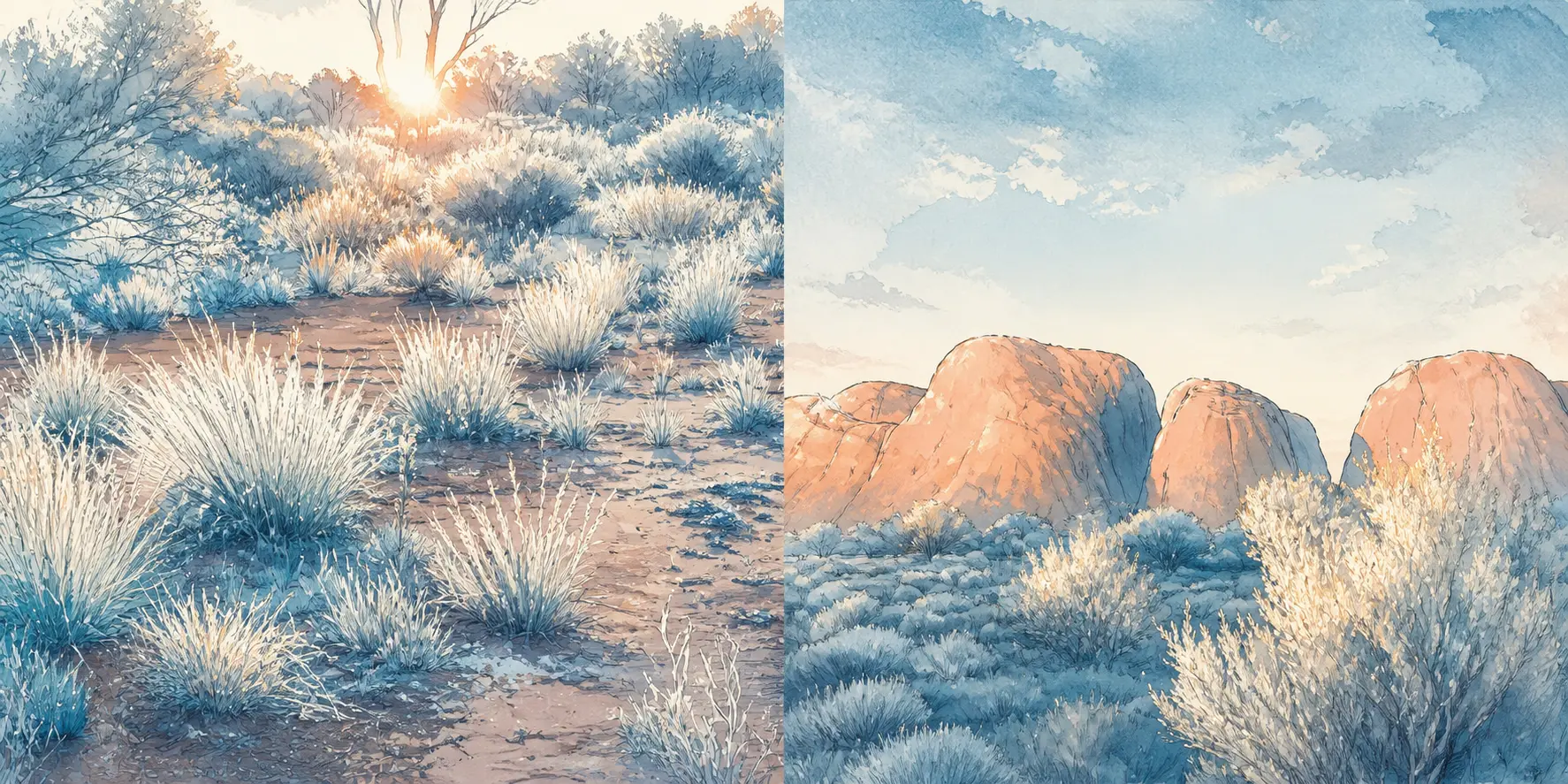 A sequence of illustrated moments from The Scent Of Sunset At Kata Tjuta