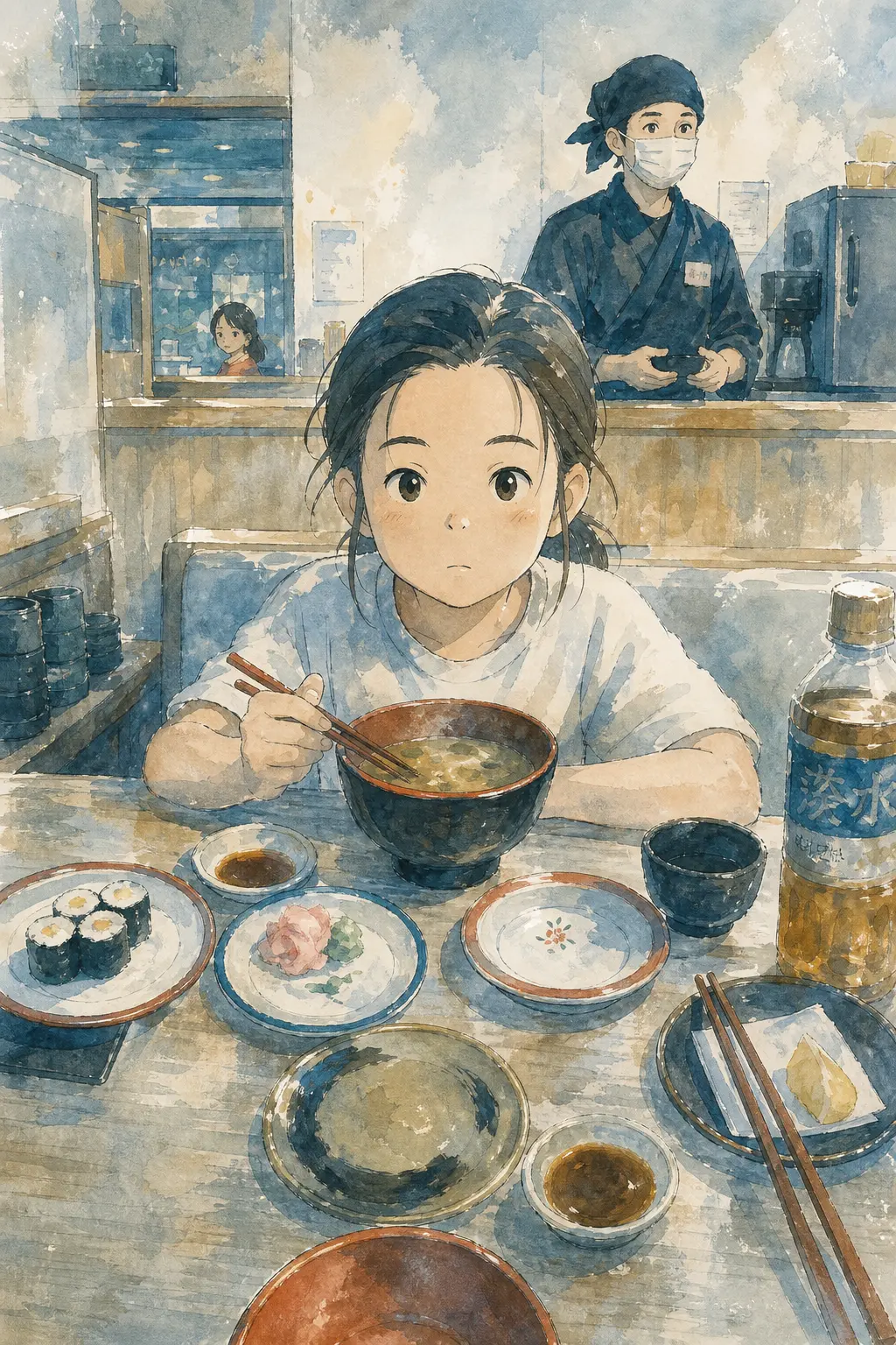 Silver-blue illustrated scene for Seeing Myself