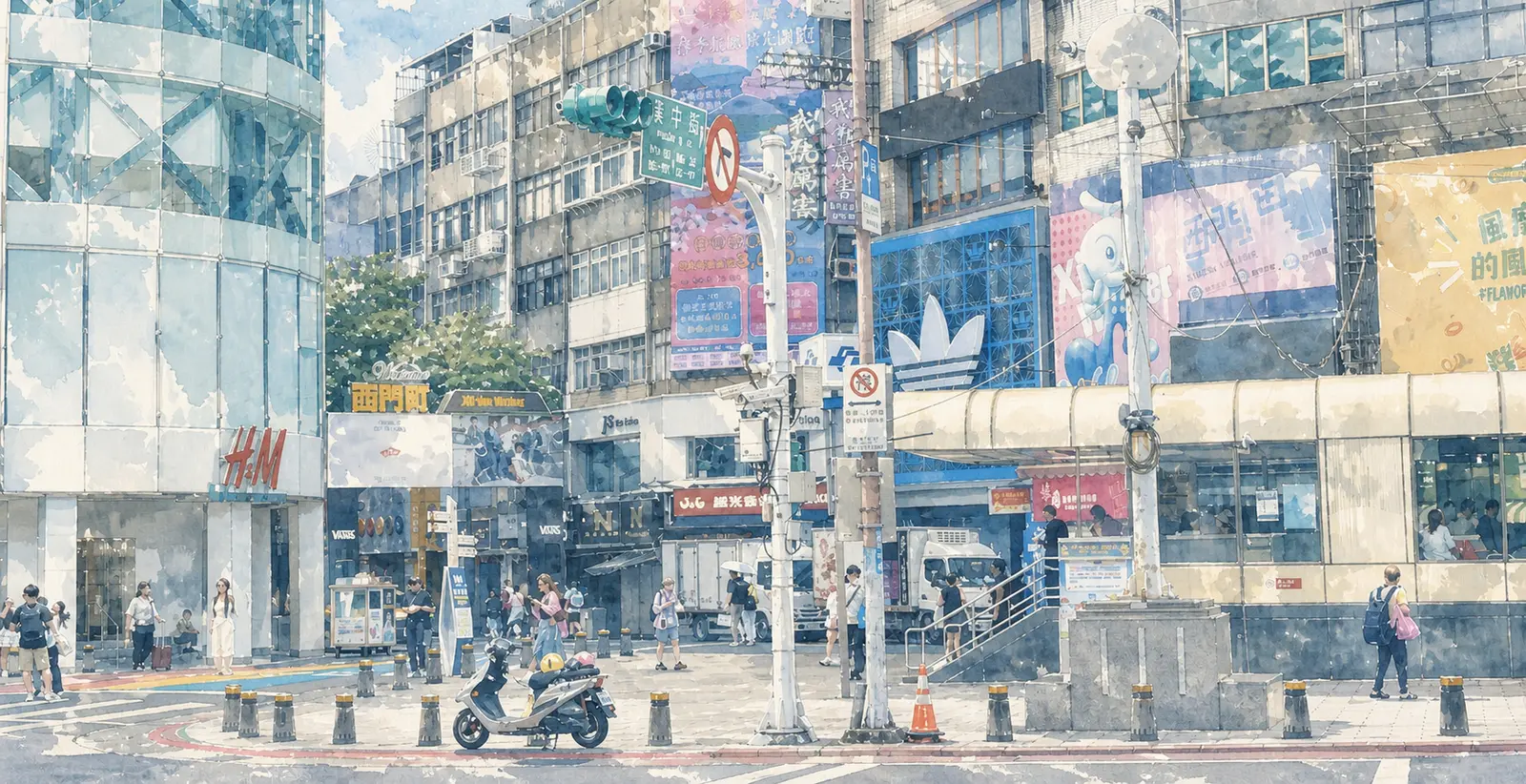 A silver-blue illustrated view of Ximending in Taipei