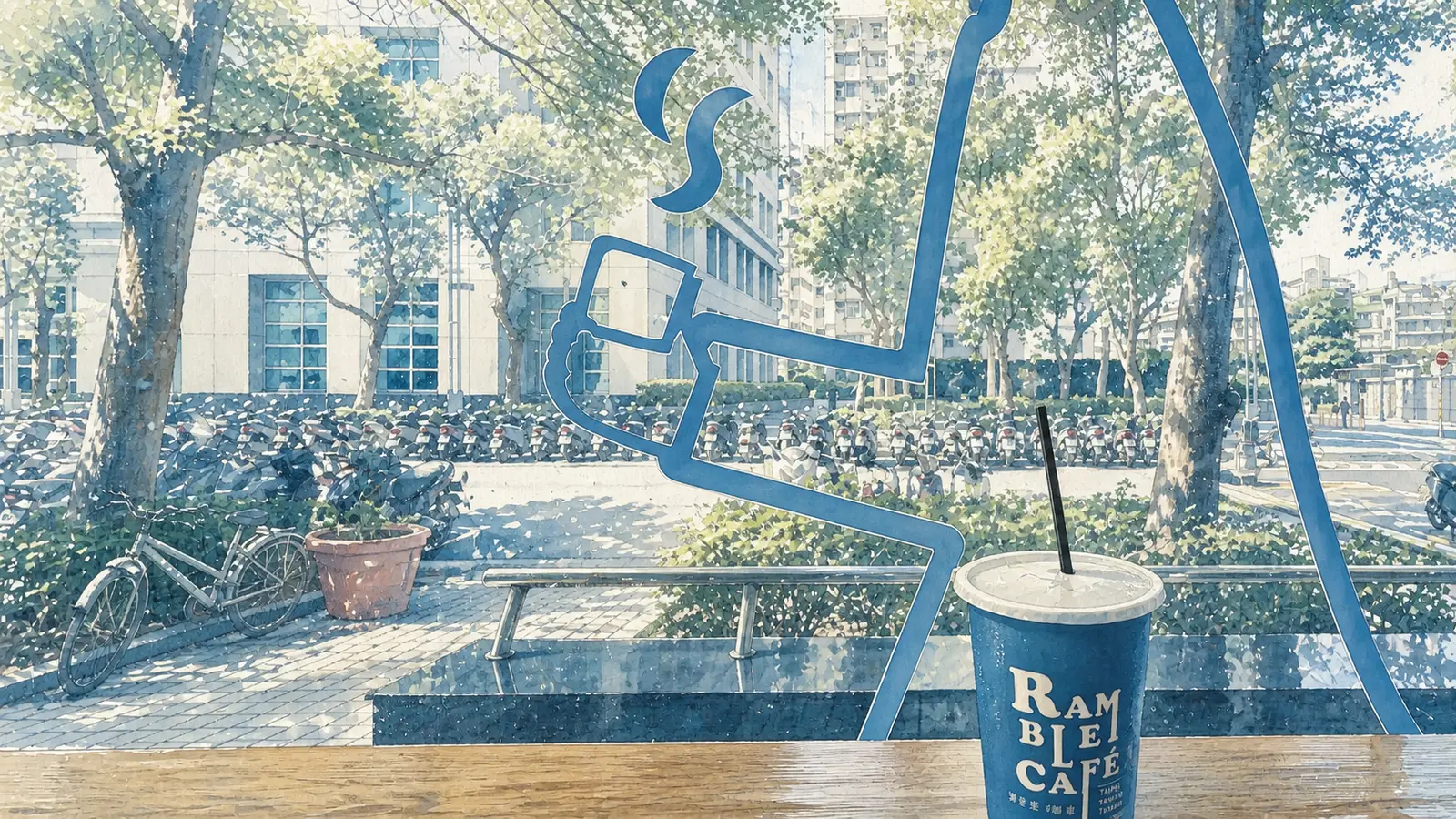 A cafe window in Taipei, with a blue line drawing crossing a sunlit street