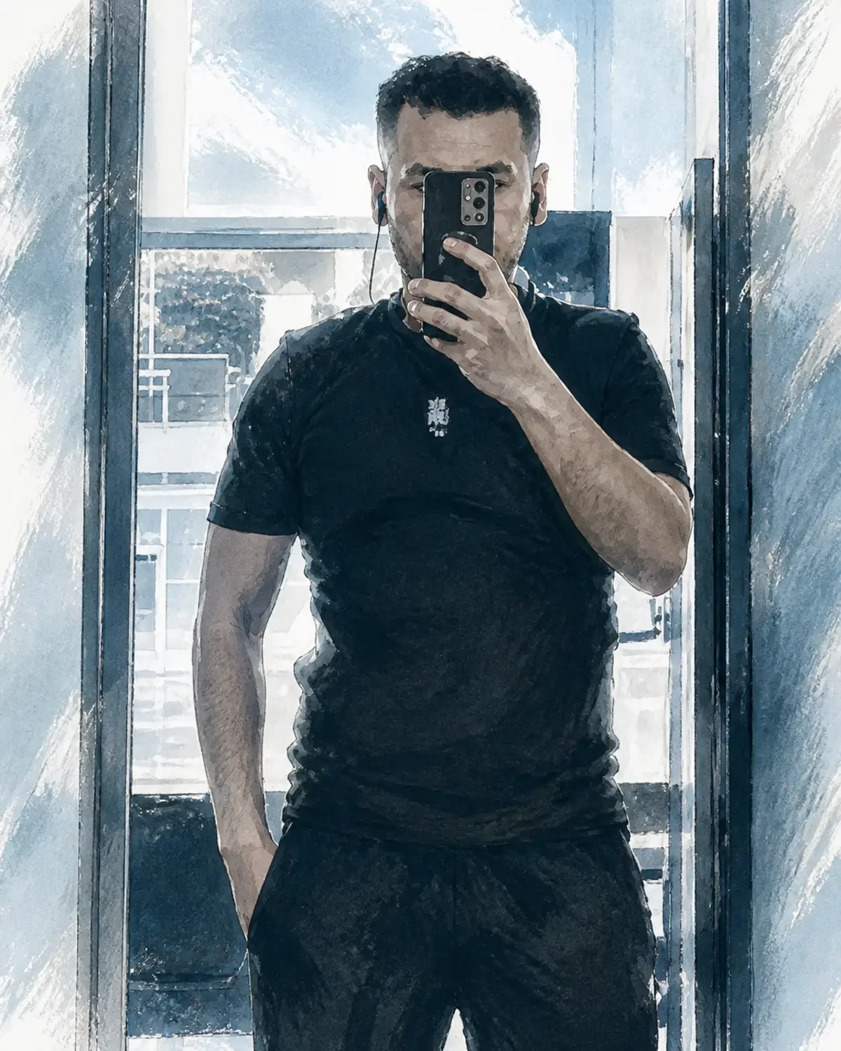 Silver-blue illustrated self portrait of Jun in a mirror