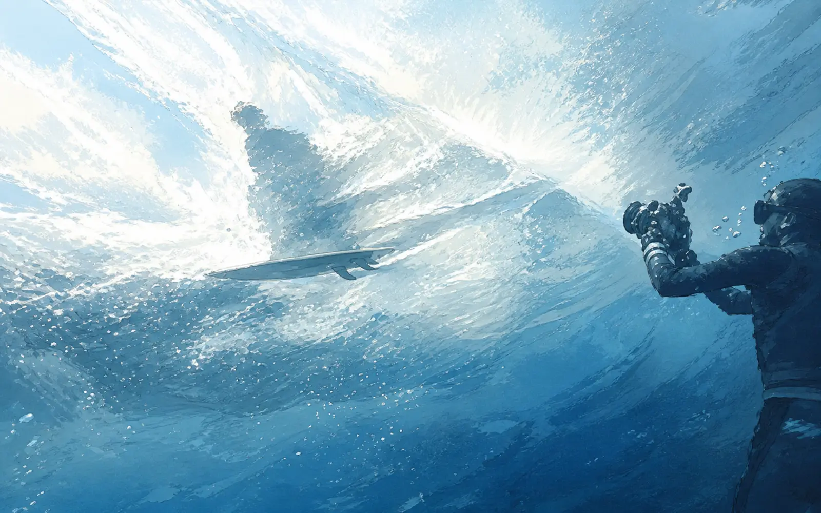 Underwater figure reaching upward through open water