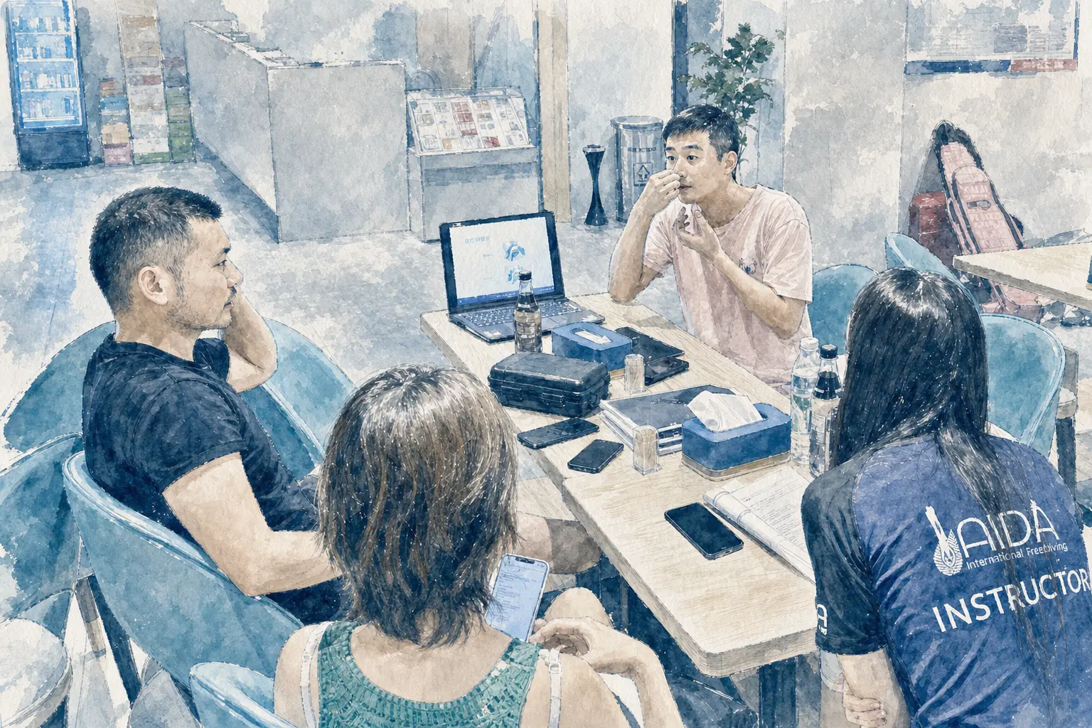 Freediving instructor briefing around a table with training notes