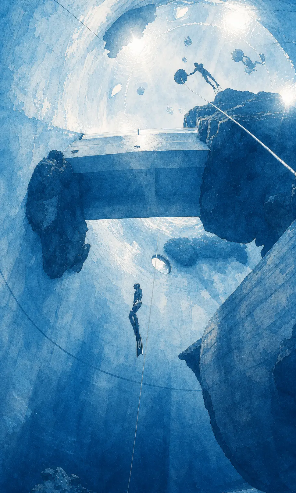 Freediver descending on a line inside a deep training pool