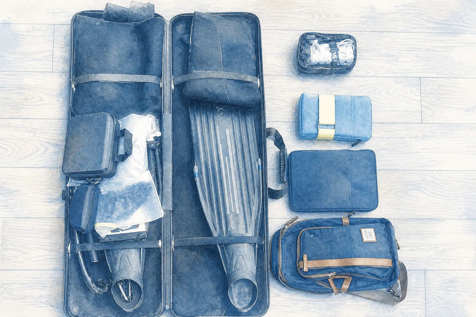 Freediving long fins and training equipment arranged before travel