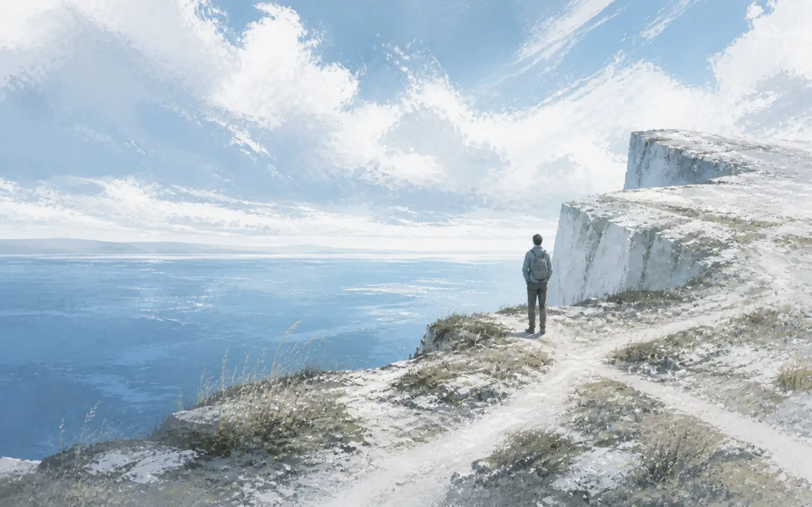 Figure pausing on a bright coastal path above the open sea