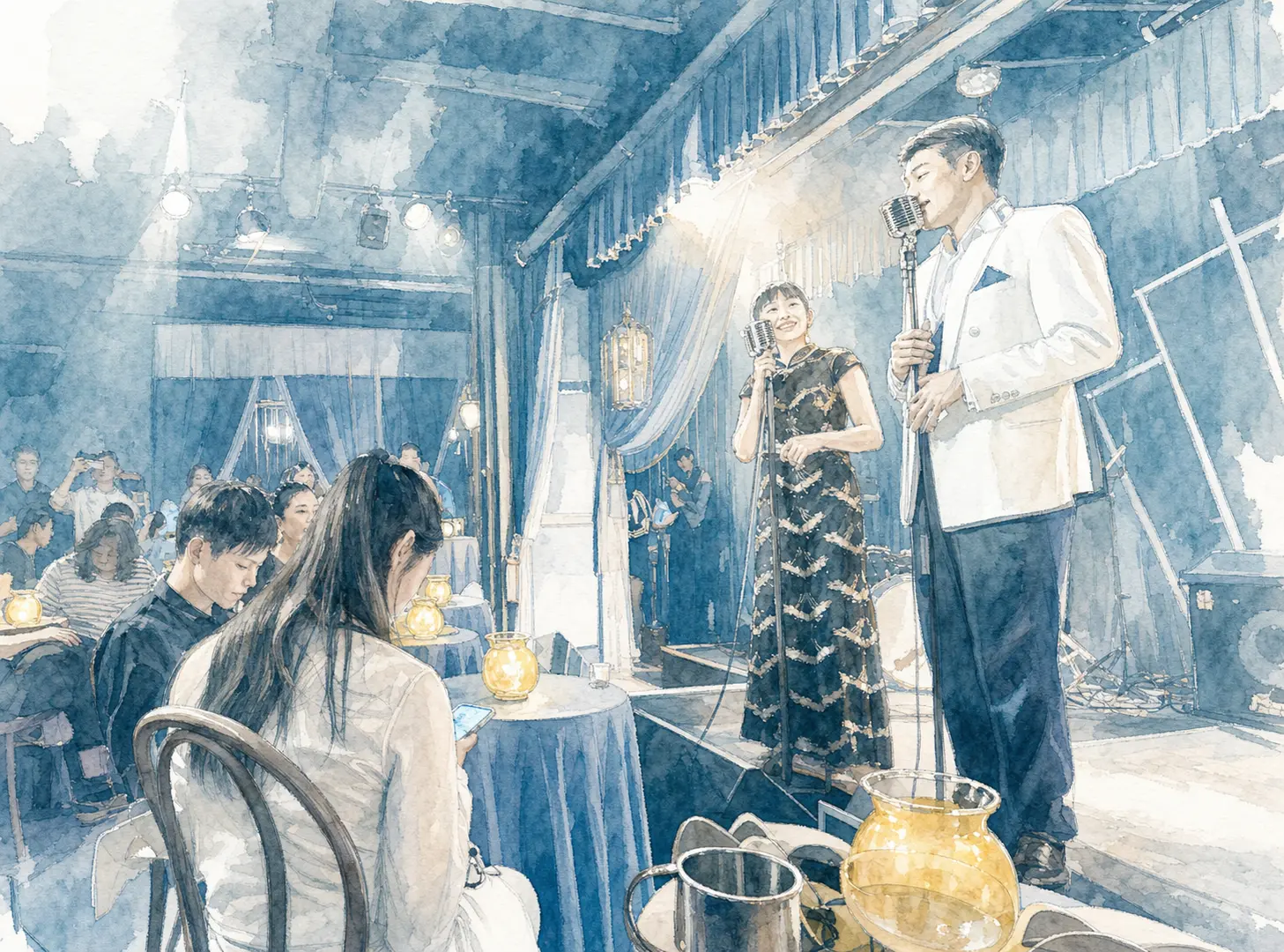 Silver-blue illustration of two singers performing beneath red curtains at Sleep No More Shanghai