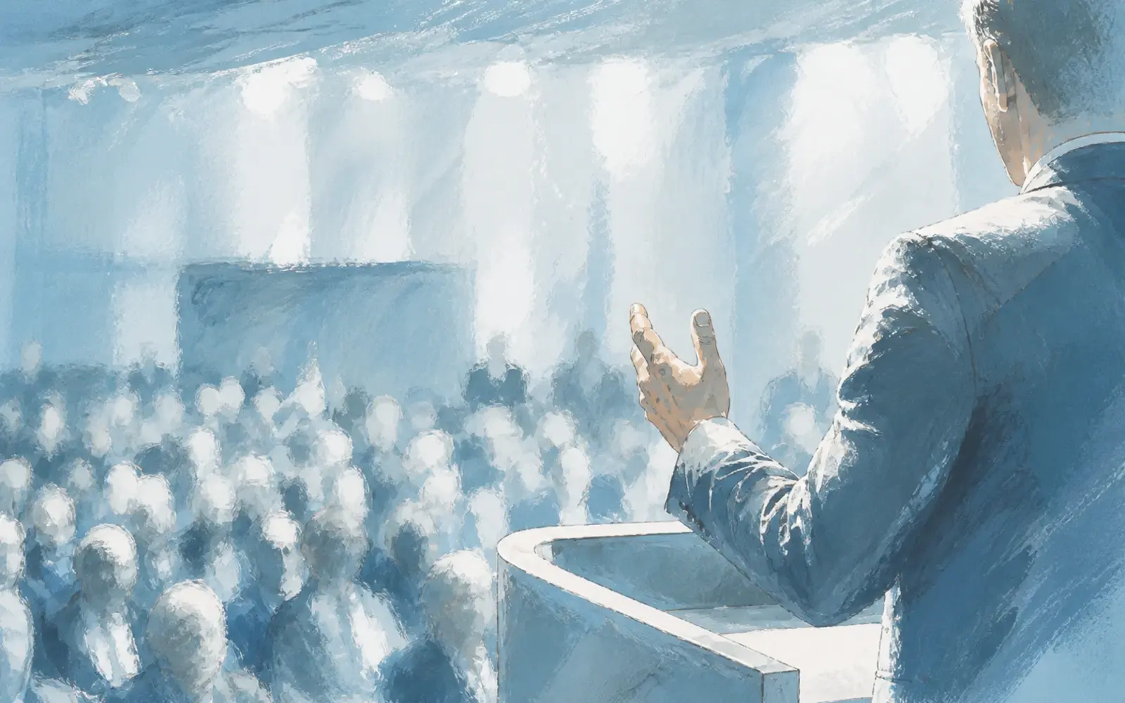 Speaker facing an audience beneath a glowing stage display